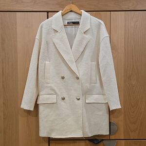 Zara Women's Blazer Coat, Wool Blend, Unlined, Creamy White, Buttons, Small